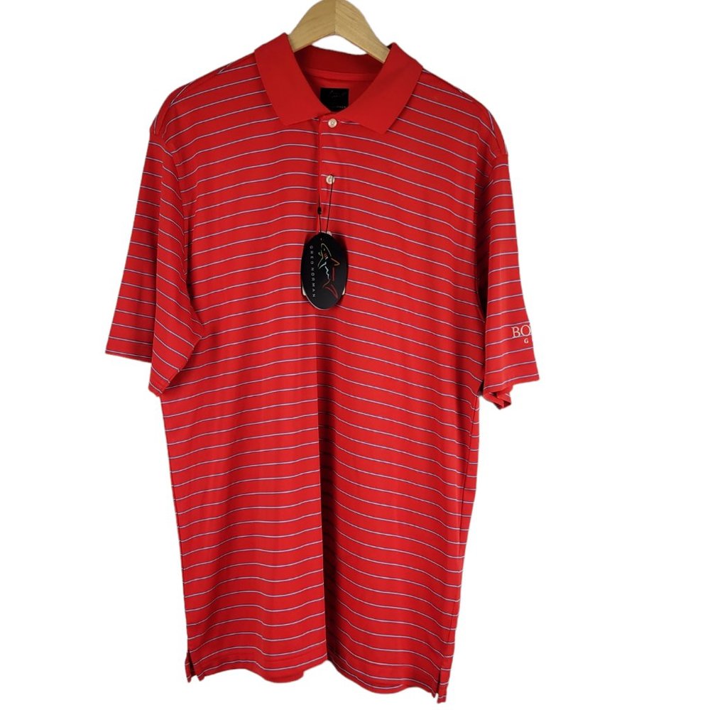 Greg Norman Mens Golf Polo Shirt Red Short Sleeve Button Collared size Large NEW